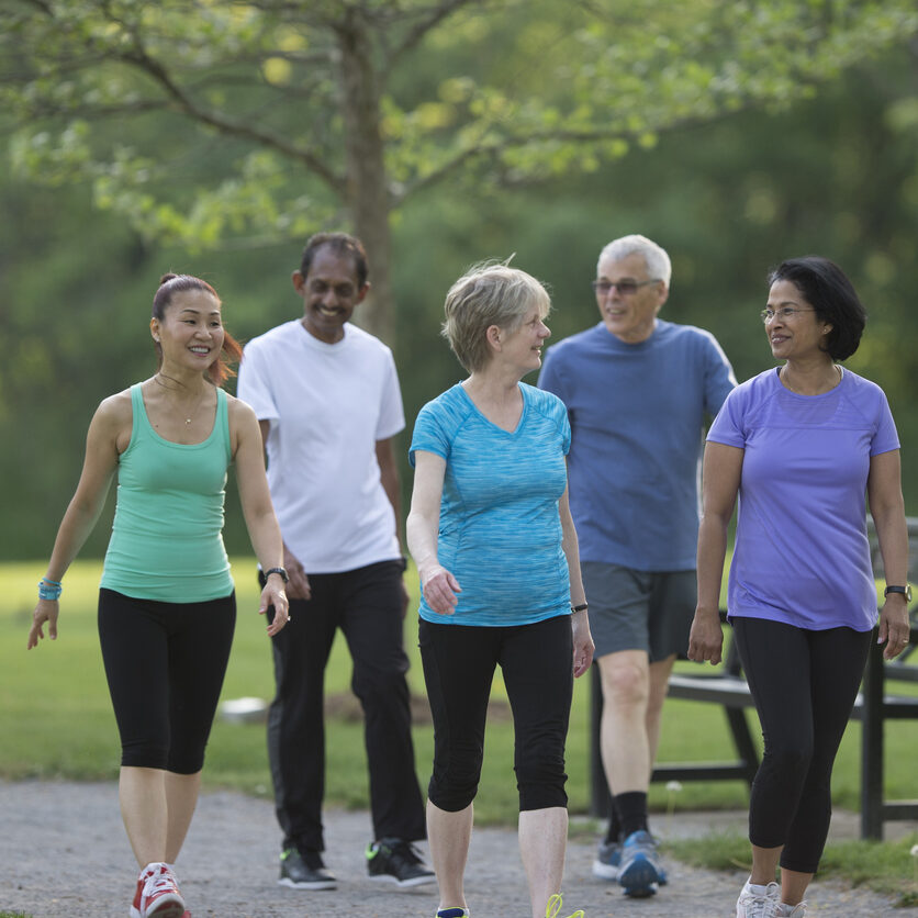 A multi-ethnic group of senior adults are walking together on a trail through the park.